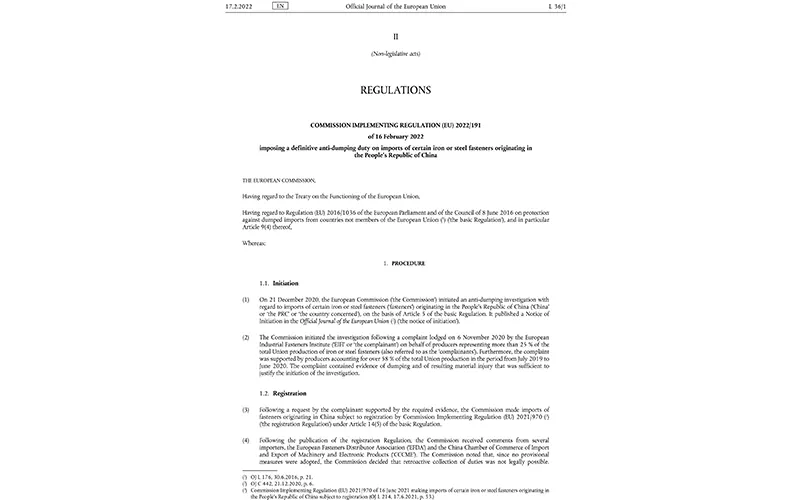 Lopullinen tuomio! EU asettaa 22,1–86,5 prosentin polkumyyntitullit kiinalaisille teräskiinnittimille